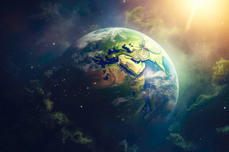 Earth day. Planet earth with green plants. Nature protection. Ecological illustration Made with Generative Aiの素材