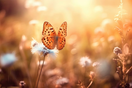 Beautiful blurred background with butterfly and flowers, pastel colors, sunset, light, bokeh. Romantic illustration made with Generative AIの素材