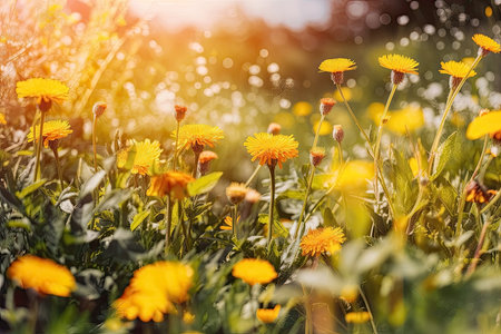Beautiful blurred background with dandelion field and flowers, pastel colors, bright morning sunlight, bokeh. Romantic illustration made with Generative AIの素材
