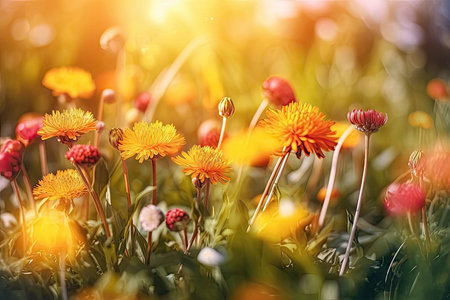 Beautiful blurred background with dandelion field and flowers, pastel colors, bright morning sunlight, bokeh. Romantic illustration made with Generative AIの素材