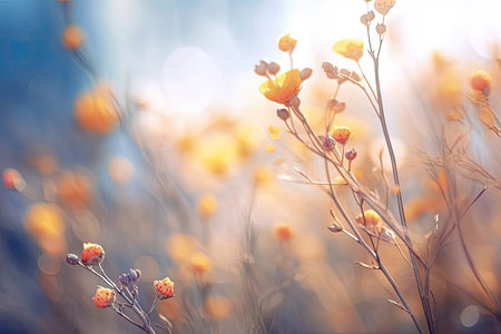 Beautiful blurred flowers field background, pastel pink and purple colors, bright morning sunlight, bokeh. Romantic illustration made with Generative AIの素材