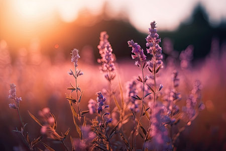 Beautiful blurred flowers field background, pastel pink and purple colors, bright morning sunlight, bokeh. Romantic illustration made with Generative AIの素材