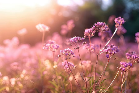 Beautiful blurred flowers field background, pastel pink and purple colors, bright morning sunlight, bokeh. Romantic illustration made with Generative AIの素材