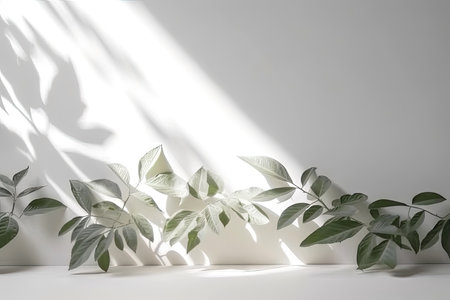 Minimal abstract background for product presentation. Shadow of plant leaves and curtains, white wall and green plant. made with Generative AIの素材