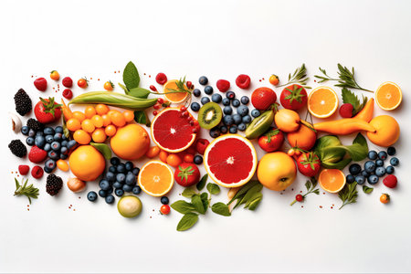 Fruits, vegetables, berries, herbs and spices composition with empty space. Vegetarian healthy food illustration made with Generative AIの素材