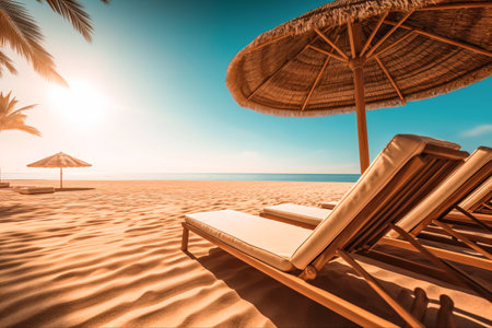 Beach chairs on the ocean. Seascape with sunbeds, palms, sand. Summer vacation illustration made with Generative AIの素材
