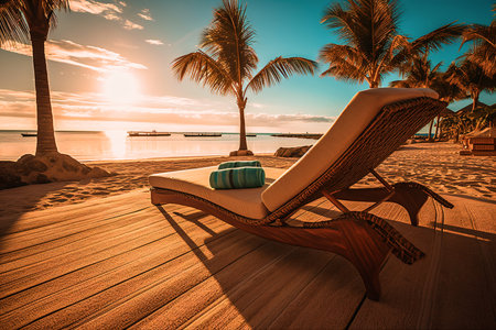 Beach chairs on the ocean. Seascape with sunbeds, palms, sand. Summer vacation illustration made with Generative AIの素材