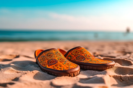 Beach flip-flops, sand, seashore, made with Generative AIの素材