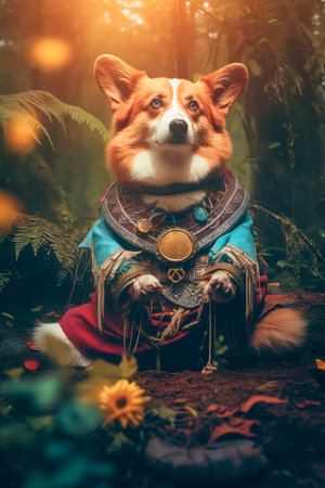 Cute Welsh Corgi Pembroke in weird cosplay costume in sunglasses. Realistic autumn atmospheric illustration with cinematic light made with Generative AIの素材