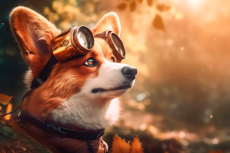 Cute Welsh Corgi Pembroke in weird cosplay costume in sunglasses. Realistic autumn atmospheric illustration with cinematic light made with Generative AIの素材