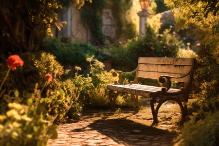 Beautiful and atmospheric illustration with bench in medieval garden. Empty space for character. Cinematic, volumetric light, realistic environment made with Generative AIの素材