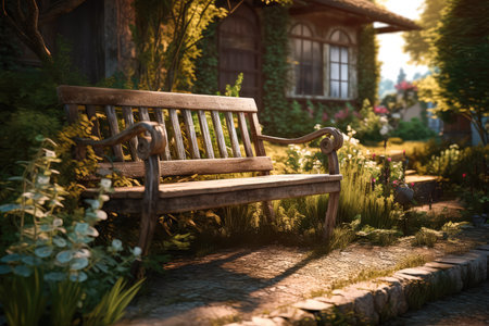 Beautiful and atmospheric illustration with bench in medieval garden. Empty space for character. Cinematic, volumetric light, realistic environment made with Generative AIの素材