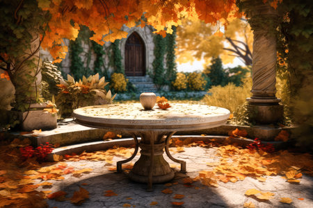 Beautiful and atmospheric illustration with table, flowers in medieval garden. Cinematic, volumetric light, realistic environment made with Generative AIの素材