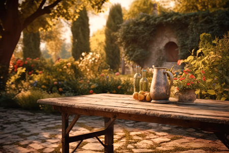 Beautiful and atmospheric illustration with table, flowers in medieval garden. Cinematic, volumetric light, realistic environment made with Generative AIの素材