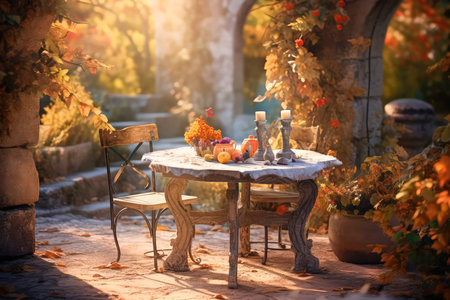Beautiful and atmospheric illustration with table, flowers in medieval garden. Cinematic, volumetric light, realistic environment made with Generative AIの素材