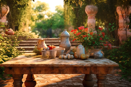 Beautiful and atmospheric illustration with table, flowers in medieval garden. Cinematic, volumetric light, realistic environment made with Generative AIの素材