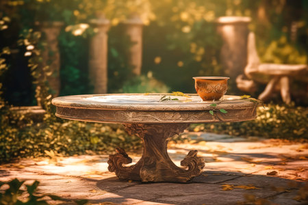 Beautiful and atmospheric illustration with table, flowers in medieval garden. Cinematic, volumetric light, realistic environment made with Generative AIの素材
