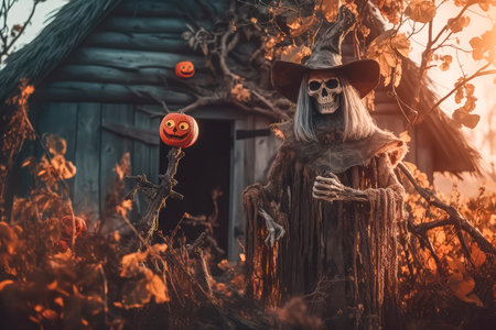 Beautiful and atmospheric halloween illustration with spooky witch house and scarecrow character in front of house. Horror mood. Cinematic, realistic environment made with Generative AIの素材