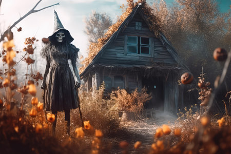 Beautiful and atmospheric halloween illustration with spooky witch house and scarecrow character in front of house. Horror mood. Cinematic, realistic environment made with Generative AIの素材