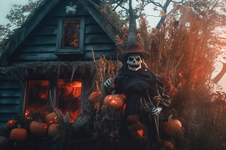 Beautiful and atmospheric halloween illustration with spooky witch house and scarecrow character in front of house. Horror mood. Cinematic, realistic environment made with Generative AIの素材