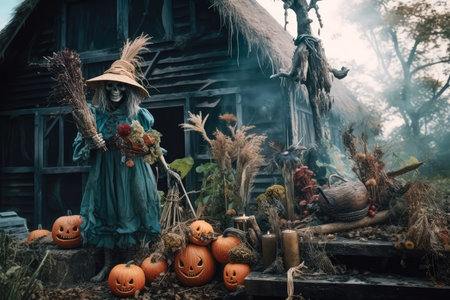 Beautiful and atmospheric halloween illustration with spooky witch house and scarecrow character in front of house. Horror mood. Cinematic, realistic environment made with Generative AIの素材