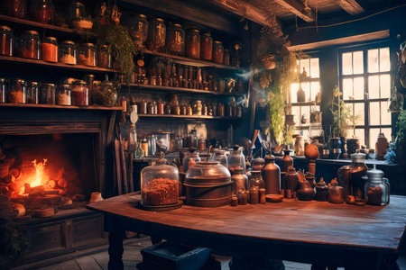 Beautiful and atmospheric illustration with medieval spooky witch kitchen. Dried herbs and strange ingridients. Empty space for character. Cinematic, realistic environment made with Generative AIの素材