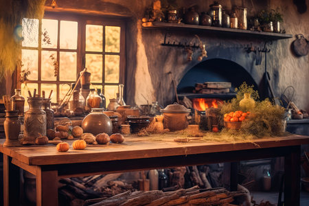 Beautiful and atmospheric illustration with medieval spooky witch kitchen. Dried herbs and strange ingridients. Empty space for character. Cinematic, realistic environment made with Generative AIの素材
