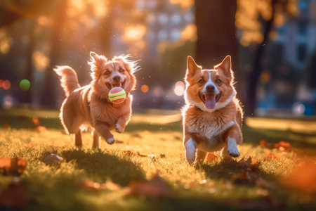 Happy smiling dogs playing in city park. Volumetric, cinematic light. Realistic illustration made with Generative AIの素材