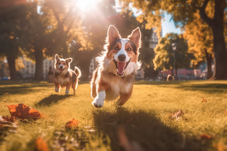 Happy smiling dogs playing in city park. Volumetric, cinematic light. Realistic illustration made with Generative AIの素材