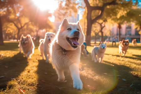 Happy smiling dogs playing in city park. Volumetric, cinematic light. Realistic illustration made with Generative AIの素材