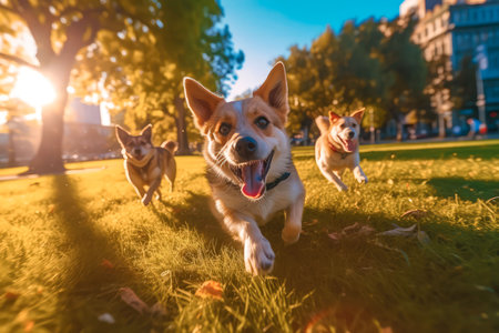 Happy smiling dogs playing in city park. Volumetric, cinematic light. Realistic illustration made with Generative AIの素材