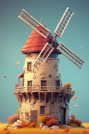 Old windmill on hill. Cinematic light. made with Generative AIの素材