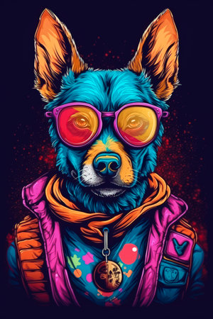 Dog portrait in trendy fashion clothing, colorful flat vector style made with Generative AI. Illustration for T-shirt print, poster, stickers on a solid color background.の素材