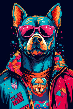 Dog portrait in trendy fashion clothing, colorful flat vector style made with Generative AI. Illustration for T-shirt print, poster, stickers on a solid color background.の素材
