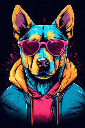 Dog portrait in trendy fashion clothing, colorful flat vector style made with Generative AI. Illustration for T-shirt print, poster, stickers on a solid color background.の素材