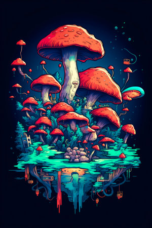 Fantasy mushrooms in colorful flat vector style made with Generative AI. Illustration for T-shirt print, poster, stickers on a solid color background.の素材