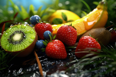 Wet fruits in juicy grass on a beautiful nature background, with beautiful cinematic light. Made with Generative AIの素材