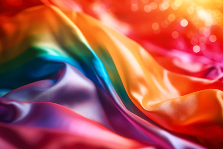 Silk satin lgbt flag background. Colorful blurred bokeh with beautiful light. Made with Generative AIの素材
