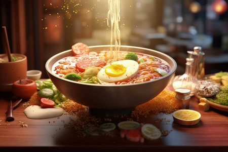 Japanese food Ramen. Tasty, fresh, juicy. Cinematic magical light, beautiful bokeh. Traditional japanese background. Realistic food illustration made with Generative AIの素材