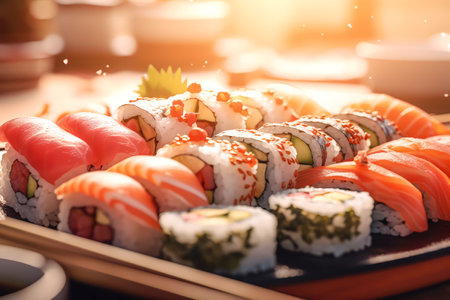 Japanese food, Sushi, tasty, fresh, juicy. Cinematic magical light, beautiful bokeh. Traditional japanese background. Realistic food illustration made with Generative AIの素材