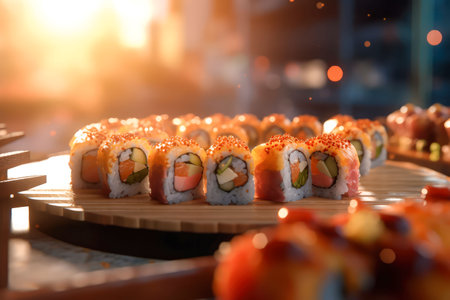 Japanese food, Sushi, tasty, fresh, juicy. Cinematic magical light, beautiful bokeh. Traditional japanese background. Realistic food illustration made with Generative AIの素材