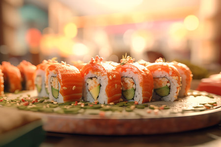 Japanese food, Sushi, tasty, fresh, juicy. Cinematic magical light, beautiful bokeh. Traditional japanese background. Realistic food illustration made with Generative AIの素材