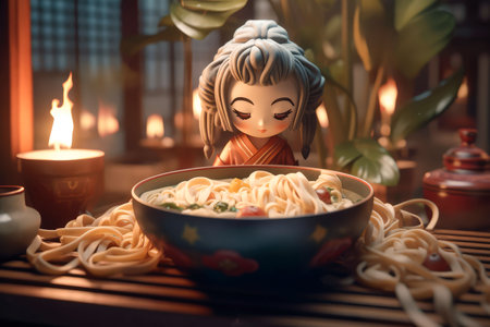 Japanese food Udon, tasty, fresh, juicy. Cinematic magical light, beautiful bokeh. Traditional japanese background. Realistic food illustration made with Generative AIの素材