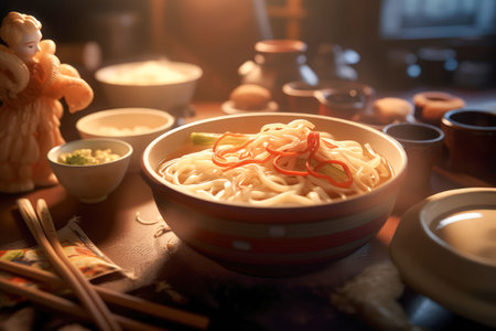 Japanese food Udon, tasty, fresh, juicy. Cinematic magical light, beautiful bokeh. Traditional japanese background. Realistic food illustration made with Generative AIの素材