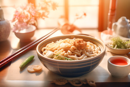 Japanese food Udon, tasty, fresh, juicy. Cinematic magical light, beautiful bokeh. Traditional japanese background. Realistic food illustration made with Generative AIの素材