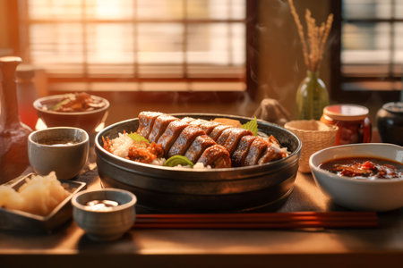 Japanese food, Unagi,tasty, fresh, juicy. Cinematic magical light, beautiful bokeh. Traditional japanese background. Realistic food illustration made with Generative AIの素材