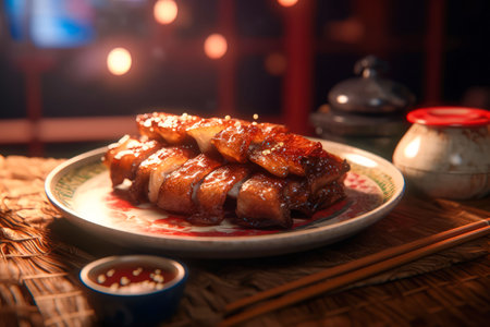 Japanese food, Unagi,tasty, fresh, juicy. Cinematic magical light, beautiful bokeh. Traditional japanese background. Realistic food illustration made with Generative AIの素材