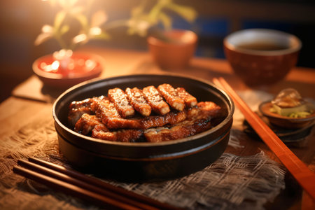 Japanese food, Unagi,tasty, fresh, juicy. Cinematic magical light, beautiful bokeh. Traditional japanese background. Realistic food illustration made with Generative AIの素材