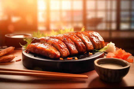 Japanese food, Unagi,tasty, fresh, juicy. Cinematic magical light, beautiful bokeh. Traditional japanese background. Realistic food illustration made with Generative AIの素材