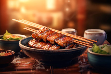 Japanese food, Unagi,tasty, fresh, juicy. Cinematic magical light, beautiful bokeh. Traditional japanese background. Realistic food illustration made with Generative AIの素材